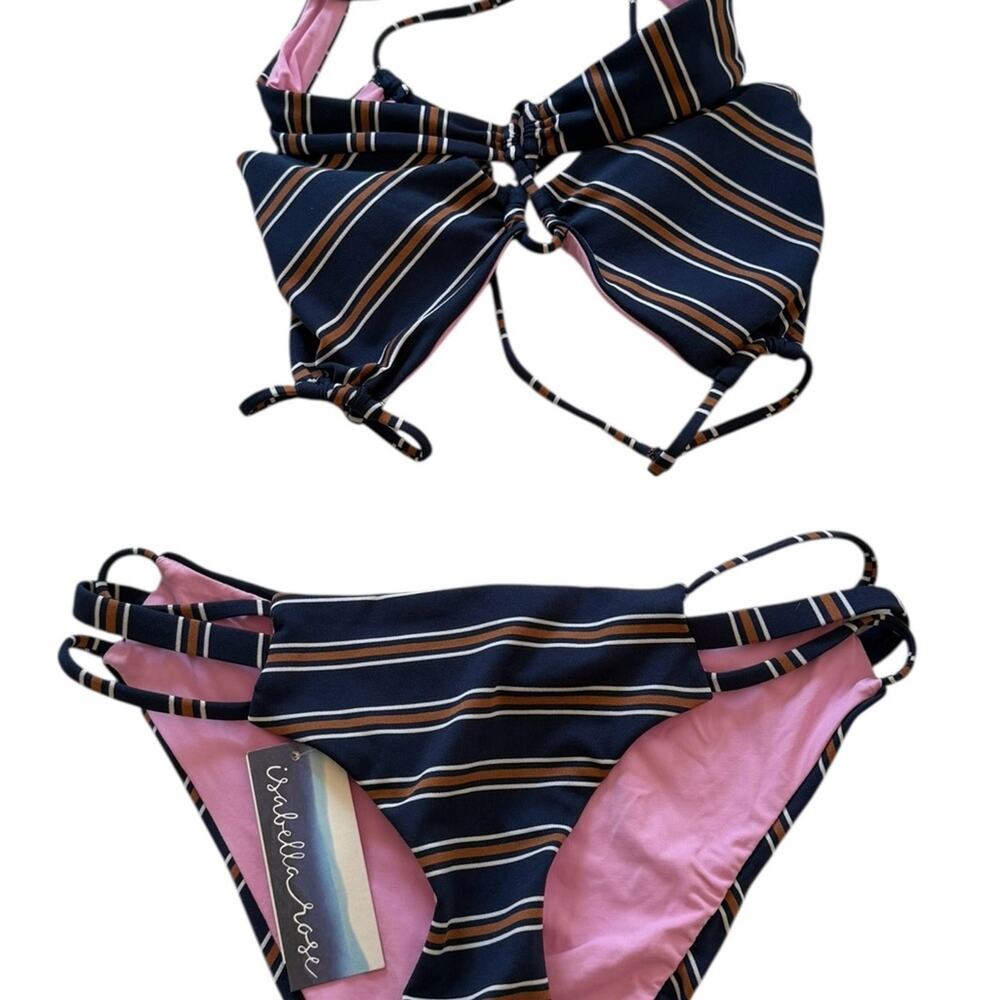 Isabella Rose Striped Pink and Black Bikini Set Size Small NWT - Picture 3 of 15